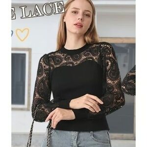 Women's Sexy Slim Fit Lace Patchwork Blouse - Long Sleeve, Crewneck, Medium